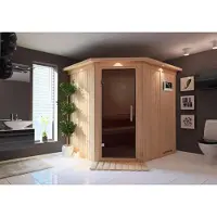 Karibu Sauna Innensauna Siirin Eckeinstieg ohne Zubehör 210x184x202 cm mit Dachkranz mit Graphittür