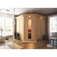 Karibu Sauna Innensauna Jarin Eckeinstieg Ofen 9 kW integr. Strg 210x210x202 cm mit Dachkranz mit Energiespartür