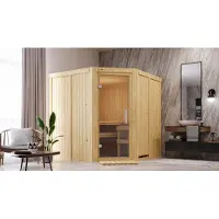 Karibu Sauna Innensauna Jarin Eckeinstieg Ofen 9 kW integr. Strg 196x196x198 cm ohne Dachkranz mit Klarglastür