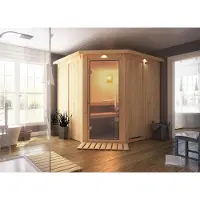 Karibu Sauna Innensauna Jarin Eckeinstieg Ofen 9 kW externe Strg easy 210x210x202 cm mit Dachkranz mit Klarglastür