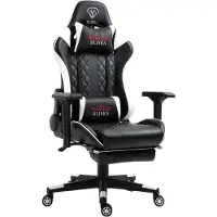 Trisens Chair Racing Chefsessel mit Fußstütze und ergonomsichen 4D-Armlehnen, ergonomischer Sportsitz Optik,Farbe:Schwarz/Weiß
