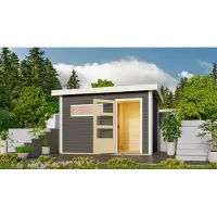 Karibu Saunahaus Außensauna Gartensauna Skrollan 1 terragrau lackiert Ofen 9 KW externe Strg easy 38mm Massivholz 336x196x228 cm mit Moderne Tür