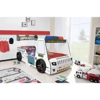 Aileenstore Autobett Kinder 90x200 cm Feuerwehrbett "Rio Firetruck" mit Regal und Bettwäsche