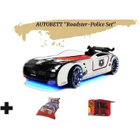 Aileenstore Autobett Kinderbett "Roadster Police" LED Sound Sportsitze Lattenrost Spoiler 90x190 cm inkl. Bettwäsche und Wandregal,
