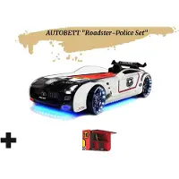 Aileenstore Autobett Kinderbett "Roadster Police" LED Sound Sportsitze Lattenrost Spoiler 90x190 cm inkl. Wandregal