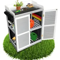 Coemo Gartenschrank Lola Holz Pflanztisch mit Arbeitsplatte, wasserabweisende PVC Wände Grau / Weiß