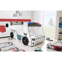 Aileenstore Autobett Kinder 90x200 cm Feuerwehrbett "Rio Firetruck" mit Matratze und Wandregal