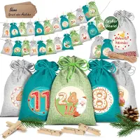 Kesser Adventskalender zum Befüllen 24 Jutebeutel Gedruckte Stoffbeutel Kinder Weihnachtskalender zum Selber Befüllen Inkl.. 24x Schildchen + 1 Großer Aufbewahrungsbeutel Stoff