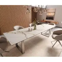 DELIFE Esstisch Edge 300x100 Keramik Calacatta Luxe Weiß-Gold-Grau Edelstahl Schmal