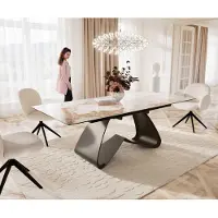 DELIFE Esstisch Edge 180-220x100 Keramik Minas Melange Weiß-Beige W-Gestell Effektfinish Titan Ausziehbar