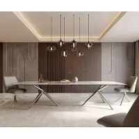 DELIFE Esstisch Edge 300x100 Keramik Minas Melange Weiß-Beige Estelar rund Edelstahl