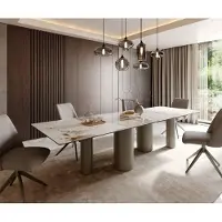 DELIFE Esstisch Edge 300x100 Keramik Minas Melange Weiß-Beige Pilier Metall Effektfinish Titan