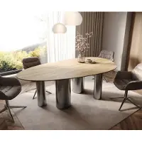 DELIFE Esstisch Edge Oval 220x120 Keramik Laminam Sabbia Eichefarbig Pilier Edelstahl Graphit