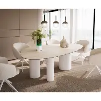 DELIFE Esstisch Edge Oval 220x120 Keramik Laminam Travertino Bianco Creme-Weiß Troa Metall Weiß
