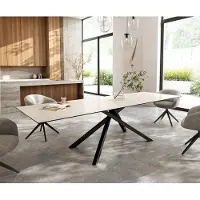DELIFE Esstisch Edge 300x100 cm Keramik LaminamTravertino Bianco Creme-Weiß Kreuzgestell Rechteck Schwarz