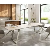 DELIFE Esstisch Edge 300x100 cm Keramik Laminam Travertino Bianco Creme-Weiß Metall Schräg Effektfinish Titan