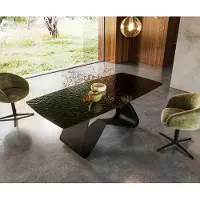 DELIFE Esstisch Edge Boot 200x100 Reliefglas Rauchschwarz 3D-Design W-Gestell Metall Schwarz
