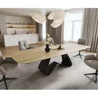 DELIFE Esstisch Edge Boot 240-300x120 cm Keramik Laminam Sabbia Eichefarbig W-Gestell Metall Schwarz ausziehbar