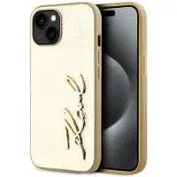 Karl Lagerfeld , PolyurethanHülle in Knitteroptik mit Logo für iPhone 15, Gold