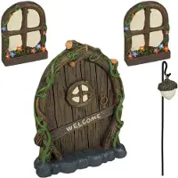 Relaxdays Feentür, 4-tlg. Set, 2 Wichtelfenster, 1 Wichtellicht, wetterfeste Gartendeko, Wichteltür, Kunststein, bunt