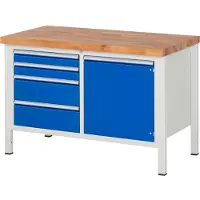 RAU Werkbank Serie 8470, 4 Schubladen, 1 Fachboden mit Tür, B 1250 x T 700 x H 840-1040 mm