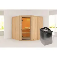 Karibu Sauna Innensauna Jarin Eckeinstieg Ofen 9 kW integr. Strg 196x196x198 cm ohne Dachkranz mit Bronzierte Tür