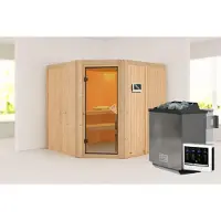 Karibu Sauna Innensauna Jarin Eckeinstieg Ofen 9 kW externe Strg easy 196x196x198 cm ohne Dachkranz mit Bronzierte Tür