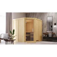 Karibu Sauna Innensauna Jarin Eckeinstieg Ofen 9 KW externe Strg easy 196x196x198 cm ohne Dachkranz mit Klarglastür
