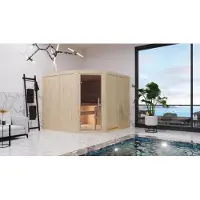 Karibu Sauna Innensauna Malin Eckeinstieg Ofen 9 kW integr. Strg 231x196x198 cm ohne Dachkranz mit Klarglastür