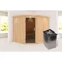 Karibu Sauna Innensauna Malin Eckeinstieg Ofen 9 kW integr. Strg 245x210x202 cm mit Dachkranz mit Graphittür