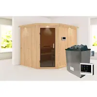 Karibu Sauna Innensauna Malin Eckeinstieg Ofen 9 KW externe Strg easy 245x210x202 cm mit Dachkranz mit Graphittür