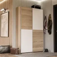 Veriaffari.it OZZULA Schiebetür-Kleiderschrank 2-türig, Weiß matt & heller Eiche, 120x41,6x190,5 cm, 6 Ablagen + 1 Kleiderstange, bodenstehend