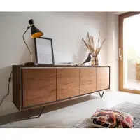 DELIFE Sideboard Stonegrace 200 cm Akazie Braun Steinfurnier 4 Türen V-Fuß Schwarz