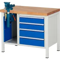 RAU Werkbank Modell 8185, 4 Schubladen, Schrank mit Einschiebetür, inkl. Schraubstock, B 1000 x T 700