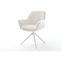 DELIFE Drehstuhl Keila-Flex mit Armlehnen Bouclé Soft Beige Kreuzgestell breit Weiß 360° drehbar Wippfunktion
