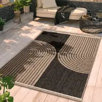TT Home In-& Outdoor Teppich Wohnzimmer Wetterfest Balkon Boho Blattmotiv 3D Fransen Größe 200x280 cm