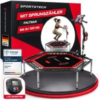 Sportstech Messe-Neuheit 2020! Smart Fitness Trampolin, inkl. Pulsgurt, Sprungzähler & APP, klappbar, höhenverstellbarer Haltegriff mit Handy- & Flaschenhalterung, HTX100 Indoor Jumping Workout