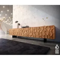 DELIFE Lowboard Solu 260 cm Akazie Natur 2 Türen 6 Schübe Fuß schwebend Metall Schwarz 3D-Front