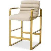 Casa Padrino Luxus Barstuhl mit Armlehnen Sandfarben / Messing 53,5 x 57 x H. 96,5 cm - Gepolsterter Edelstahl Barhocker - Bar Möbel - Luxus Möbel - Luxus Qualität