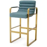 Casa Padrino Luxus Barstuhl mit Armlehnen Blau / Messing 53,5 x 57,5 x H. 107 cm - Gepolsterter Edelstahl Barhocker - Bar Möbel - Luxus Möbel - Luxus Qualität