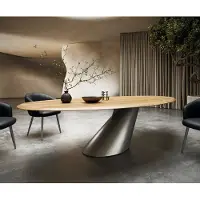 DELIFE Esstisch Edge Oval 280x130x2,5 Eiche Natur Cono Metallic Silber Flow-Edge