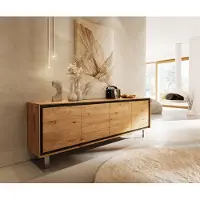 DELIFE Sideboard Stonegrace 200 cm Eiche Natur 4 Türen Fuß Vierkant Edelstahl gebürstet