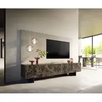DELIFE Lowboard Cuor 220 cm Keramik Emperador Extra Lucidato Dunkelbraun 1 Klappe 2 Schubfächer Fuß Schwebeoptik Metall Schwarz