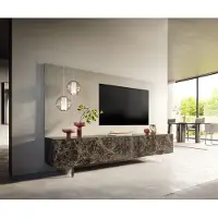 DELIFE Lowboard Cuor 220 cm Keramik Emperador Extra Lucidato Dunkelbraun 1 Klappe 2 Schubfächer Fuß Schwebeoptik Acrylglas