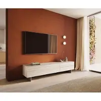 DELIFE Lowboard Cuor 220 cm Keramik Laminam Travertino Bianco Creme-Weiß 1 Klappe 2 Schubfächer Fuß Schwebeoptik Edelstahl