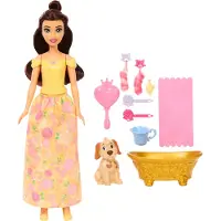 Disney Princess Disney Prinzessin Baden und Bürsten Belle-Modepuppe mit Hündchen (mit Farbwechseleffekt und Zubehör)