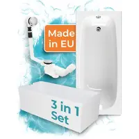 Calmwaters Premium Badewanne Komplettset 170x75 cm Original, EU, 3in1 Acryl-Badewanne mit Wannenträger & Ablaufgarnitur, Körperformbadewanne, Rechteckbadewanne 170 x 75, 200 l, Weiß