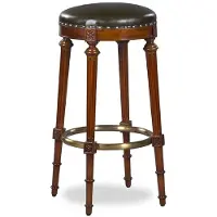 Casa Padrino Luxus Jugendstil Barhocker Braun / Schwarz / Messing Ø 36 x H. 76 cm - Runder gepolsterter Mahagoni Barstuhl mit Echtleder - Bar Möbel - Leder Möbel - Luxus Möbel - Luxus Qualität