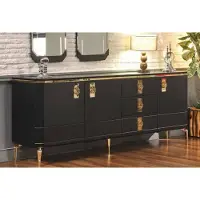 Casa Padrino Luxus Art Deco Sideboard Schwarz / Gold 200 x 41 x H. 77 cm - Edler Massivholz Schrank mit 3 Türen und 3 Schubladen - Art Deco Möbel - Luxus Möbel