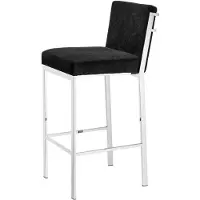 Casa Padrino Luxus Barstuhl Schwarz / Silber 43 x 54 x H. 101 cm - Designer Edelstahl Barhocker mit Samtstoff - Barmöbel